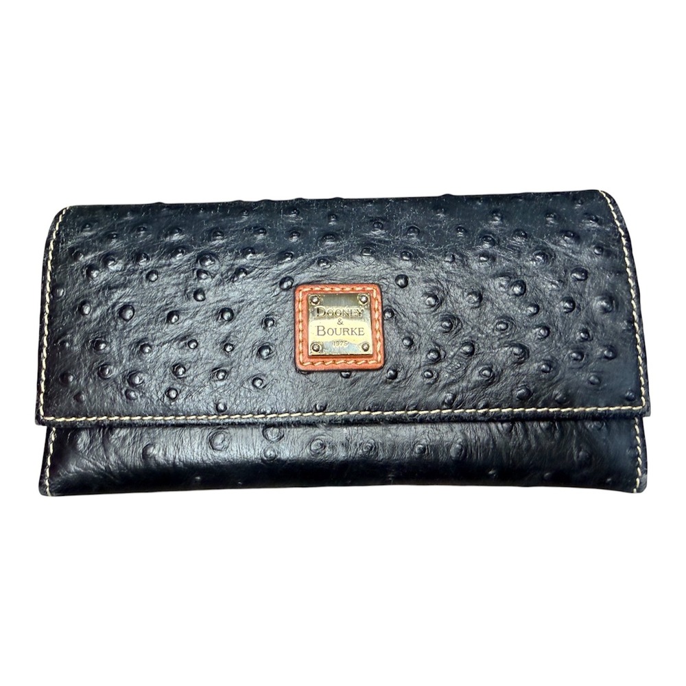 Dooney & Bourke Black Ostrich Embossed Leather Kiss Lock Tri-Fold Clutch Wallet